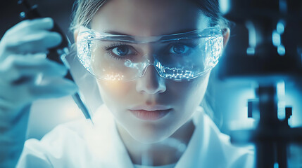 Wall Mural - a biohacker testing human enhancement devices, sleek laboratory with futuristic biotech tools and hu