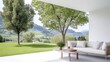 © bambang - A modern, light-colored sofa sits on a patio overlooking a lush green landscape. A low coffee table rests in front. The scene is bright and airy. The image is high-quality, showcasing sharp details