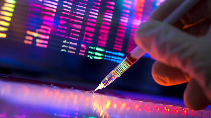 Wall Mural - a biotechnologist analyzing genetic data on a digital screen, modern lab with dna sequencing tools a