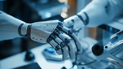 Wall Mural - a cybernetic engineer working on a human augmentation project, clean tech lab with robotic limbs and