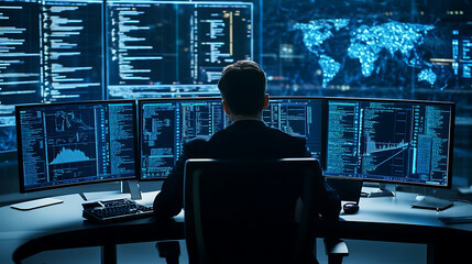 Wall Mural - a cybersecurity expert analyzing network security data, dark control room with digital defense syste
