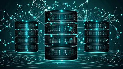Futuristic data servers connected by a network of lines.