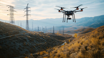 Wall Mural - a drone inspecting power lines in a remote area, mountainous terrain with power transmission towers 