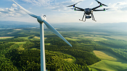 Wall Mural - a drone inspecting wind turbines for maintenance, aerial view of wind turbines with drones flying an