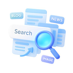3d search content png icon isolated on transparent background – magnifying glass, blog, and news blo