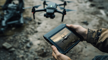 Wall Mural - a drone pilot controlling an autonomous drone, open outdoor environment with a high-tech monitoring 