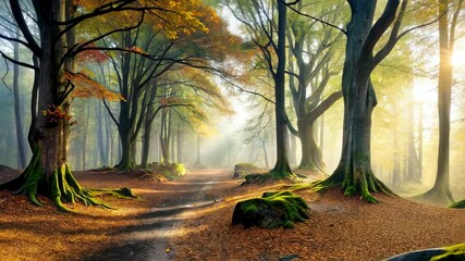 Poster - Enchanted Forest Pathway A Serene Autumn Morning Walk Through Nature's Beauty