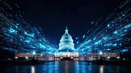 Glowing high-tech digital data streams surrounding the illuminated US Capitol Building at night, representing artificial intelligence, machine learning integration, and futuristic smart city urbanizat