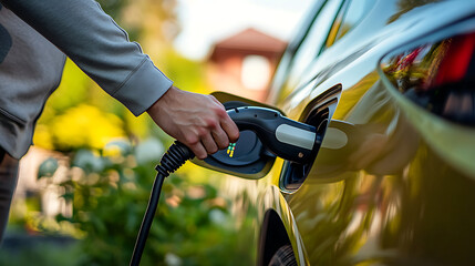 Wall Mural - a person plugging in a charging cable into an electric vehicle, visible cable and charging port, cle