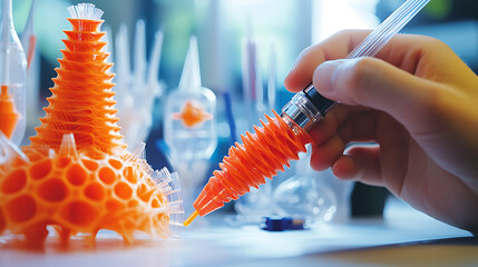 Wall Mural - a person using a 3d pen to create a model, workshop setting with pen displaying filament extrusion a