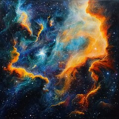cosmic nebula: vibrant celestial cloudscape, orange and teal space art painting