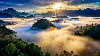 Poster - Majestic Sunrise Over Misty Mountain Peaks and Lush Green Forests