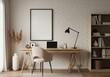 © Laki - A modern home office setup with a desk chair and a blank frame on a white brick wall background