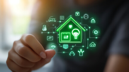 Wall Mural - a person using a smart appliance to manage home energy usage, smart home with digital energy control