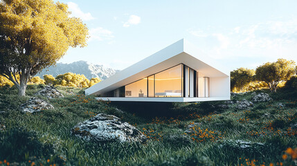 Poster - modern minimalist house surrounded by lush greenery and rocky terrain, featuring unique angular design and large glass windows that invite natural light. serene landscape enhances tranquil