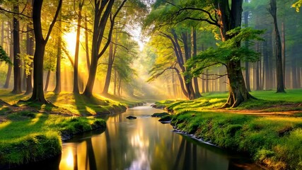 Poster - Sunrise Over a Tranquil Forest Stream A Breathtaking Nature Scene