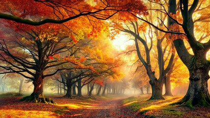 Poster - Golden Rays of Dawn Embrace a Mystical Autumn Forest Pathway