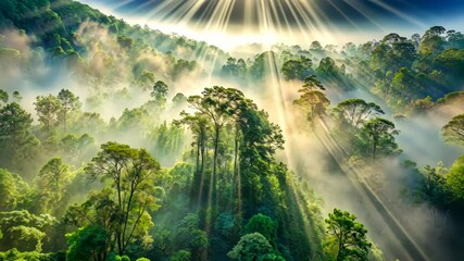 Poster - Misty Forest Sunrise Rays of Hope in a Verdant Landscape