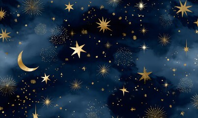 Wall Mural - moon, stars in a gold and midnight blue colour theme, generative ai