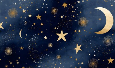 Wall Mural - moon, stars in a gold and midnight blue colour theme, generative ai