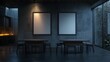 © Five Million Stock - Minimalist dining room with two framed blank posters on wall. 3D Rendering,