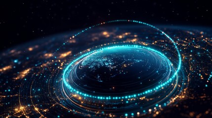 Wall Mural - Abstract globe Blue, orange, luminous lights swirling around, creating a futuristic network connection visualization