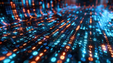3D rendering of a digital binary code matrix showing data flow and tech connectivity.

