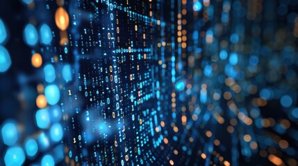 3D rendering of a digital binary code matrix showing data flow and tech connectivity.

