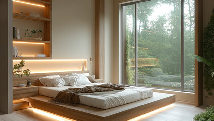 Poster - minimalist bedroom featuring wooden platform bed, soft bedding, and natural light streaming through large windows. serene atmosphere is enhanced by greenery outside, creating peaceful retreat