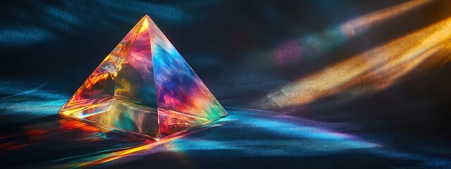 Wall Mural - a colorful glass prism on a black background, with light rays and rainbow colors reflecting off its 