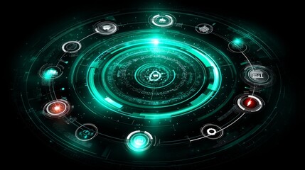 Wall Mural - Futuristic, teal interface with glowing icons in a circular arrangement against a black background
