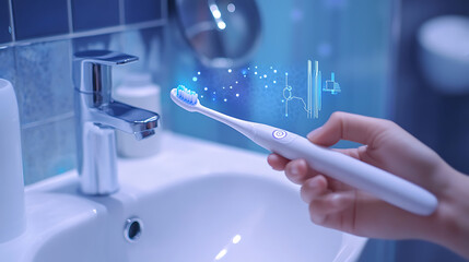 Wall Mural - a person using a smart toothbrush to monitor oral health, bathroom with smart dental devices and rea