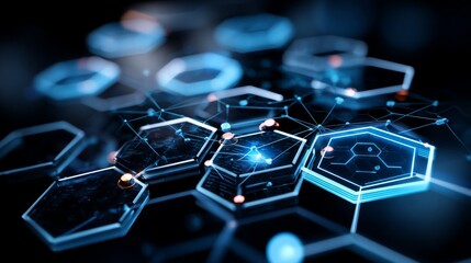 Wall Mural - Glowing blue hexagonal shapes interconnected on a dark background with focus on one hexagon