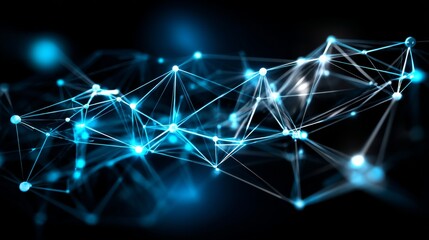 Wall Mural - Glowing blue interconnected nodes form a complex network on a dark background
