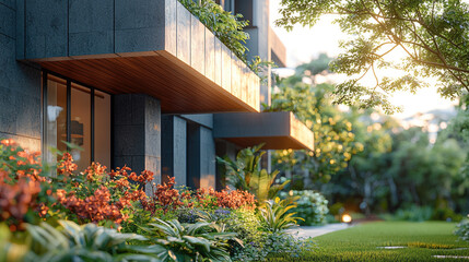 Poster - modern building exterior featuring lush greenery and vibrant flowers, showcasing harmonious blend of architecture and nature. warm sunlight enhances inviting atmosphere