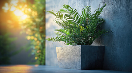 Poster - beautiful potted plant with lush green leaves sits against textured wall, illuminated by warm sunlight. serene atmosphere creates calming effect, perfect for any indoor space