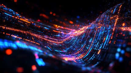Wall Mural - Glowing digital stream Wavy lines of vibrant blue and orange dots form an abstract, dynamic flow against a dark backdrop