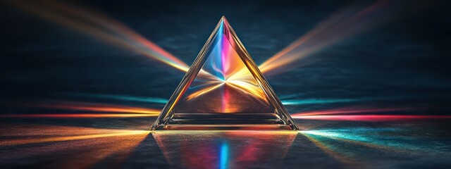 Wall Mural - an artistic rendering of an illuminated glass pyramid, reflecting rainbow light beams on a dark back