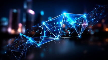 Wall Mural - Glowing network of connected lines & points overlaid upon a blurred city backdrop