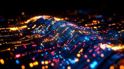 Wall Mural - Glowing waves of light, dark background, digital data flow. Abstract design with red, blue, and orange glowing spots