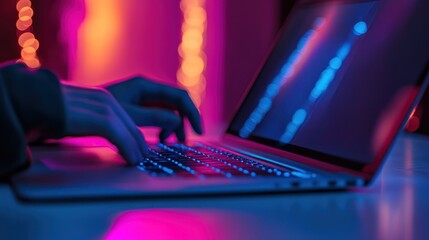 Night coder typing, neon lights