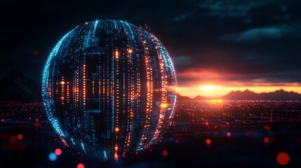 Wall Mural - Illuminated sphere glows in the dusk landscape with mountains in the background. Futuristic concept