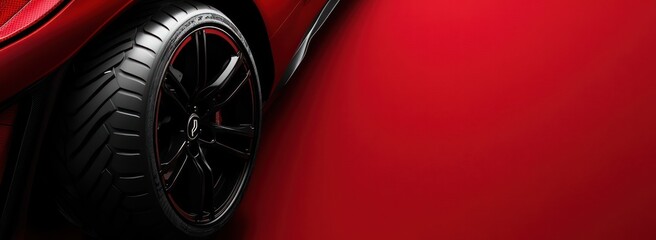 red background with car tire. new black rubber patch on the side of a new premium sporty-patterned t