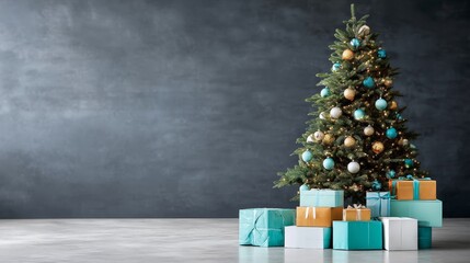 Aufkleber - A Christmas tree adorned with twinkling lights stands against a soft dark background, with wrapped presents underneath adding to the festive ambiance of the season