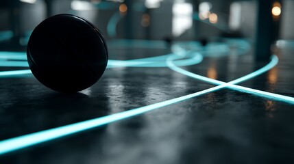 Poster - A black basketball rests on a dark surface, surrounded by swirling neon blue lines illuminating the area. Smoke creates an intense, dynamic atmosphere