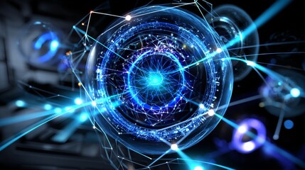 Wall Mural - Intricate network of glowing blue rings and lines within glass spheres, surrounded by light trails and geometric patterns