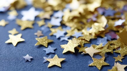 Fototapete - Golden star-shaped confetti decoratively scattered on a deep blue background creates a festive atmosphere, perfect for celebrations and special events