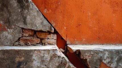 Fototapete - Textured overlay of cracked gray concrete meets a vibrant orange surface, providing a striking contrast for creative designs and industrial themes