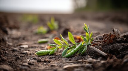 Aufkleber - Fresh green peas in their pods are scattered across rich, dark soil, showcasing their vibrant color and texture under the gentle light of an overcast day