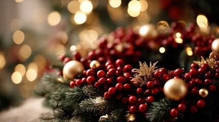 Aufkleber - A close-up of a Christmas wreath featuring vibrant red berries and golden ornaments, surrounded by soft bokeh lights that create a cozy holiday atmosphere